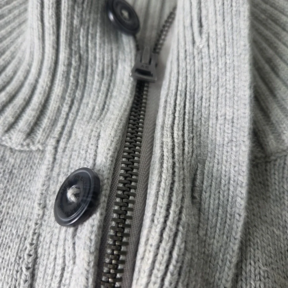 American Eagle Mens Athletic Fit Striped Mock Neck Button Zip Sweater Grey Large